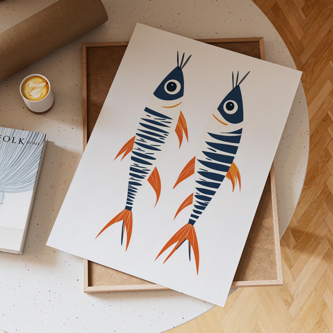 Two Striped Sardine Illustrations In Navy Blue And Orange Art Poster - Image 6