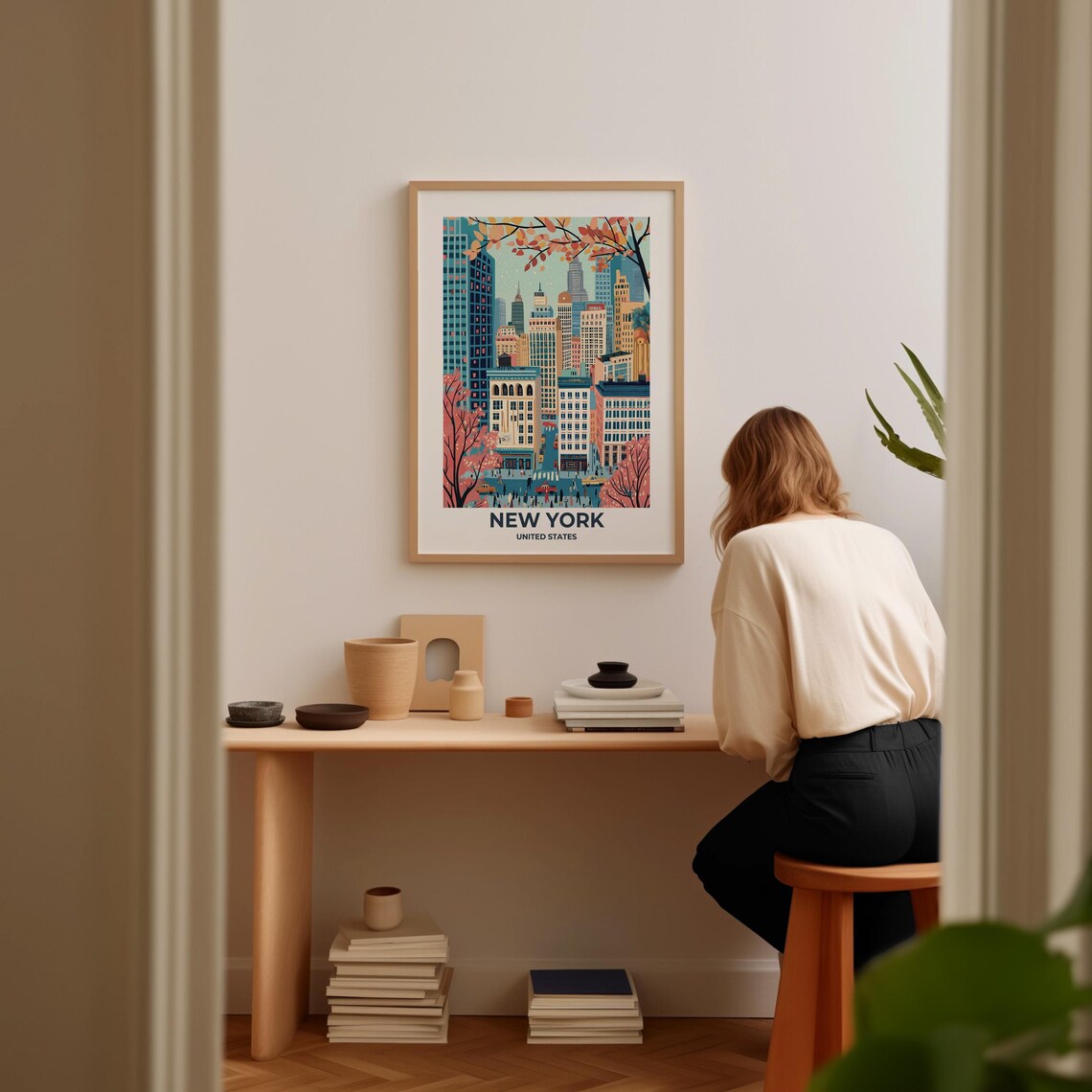 New York Manhattan Skyline with Blossom Trees Autumn Day Poster - Image 3