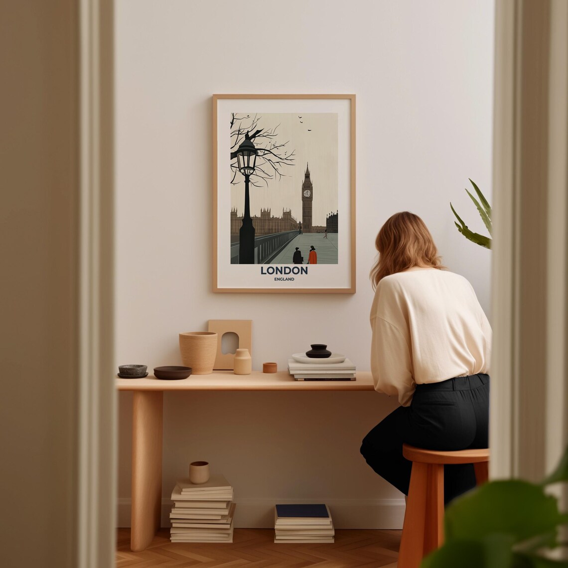 London Big Ben on a Misty Thames Bridge Minimalist Travel Poster - Image 3