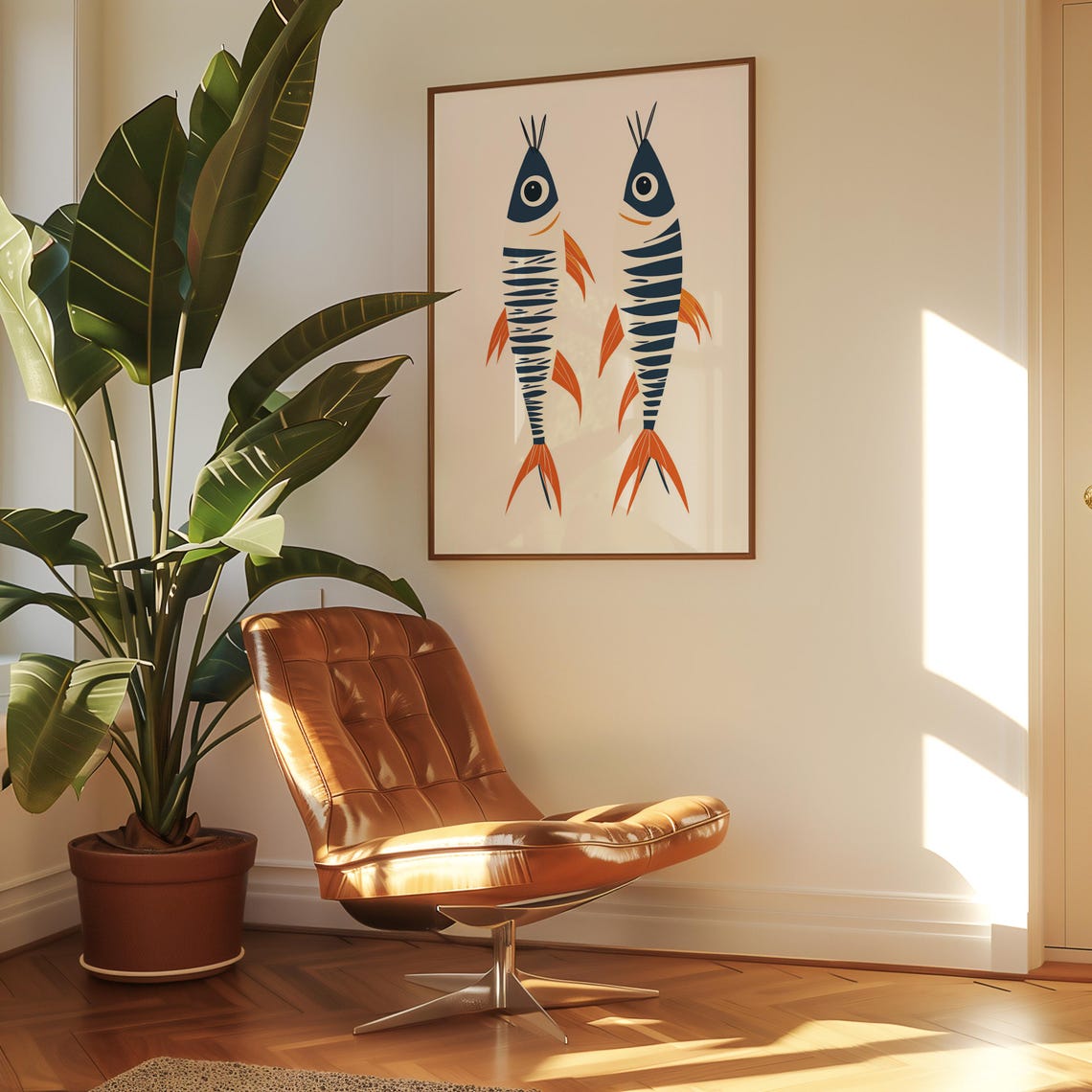 Two Striped Sardine Illustrations In Navy Blue And Orange Art Poster - Image 2