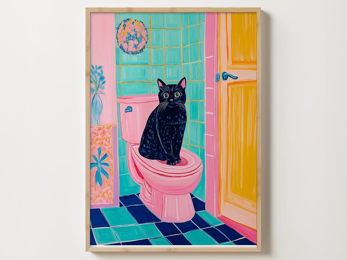 Black Cat on a Pink Toilet in a Colorful Retro Bathroom Poster