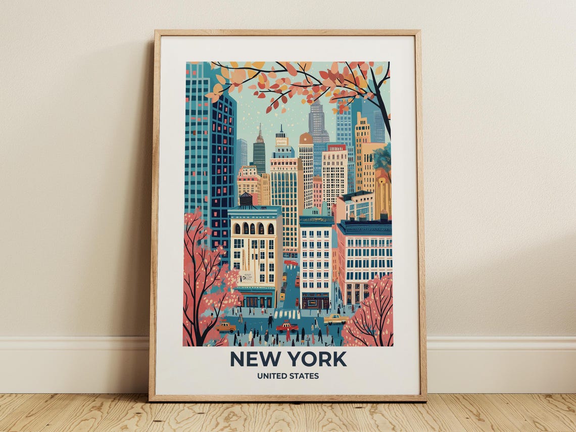 New York Manhattan Skyline with Blossom Trees Autumn Day Poster