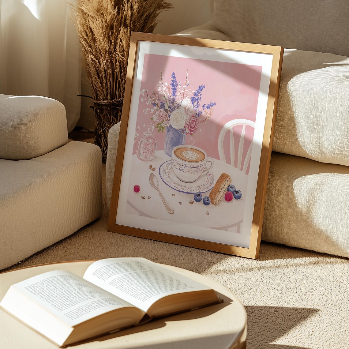 Latte Art Cup with Biscotti and Flowers Soft Pink Coffee Poster - Image 4