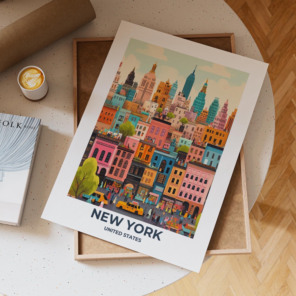 New York City Colorful Cartoon Skyline with Yellow Taxi Poster - Image 3