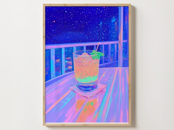 Neon Night Cocktail Glass With Mint on a Balcony Table Poster