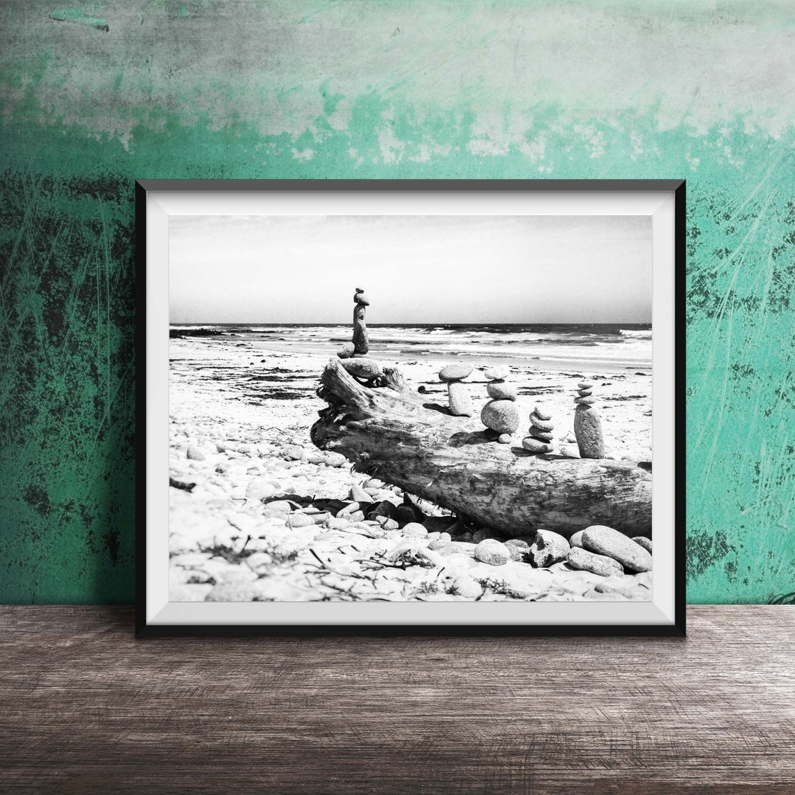 Balanced Stone Cairns Driftwood Pacific Beach Zen Photo Poster - Image 2