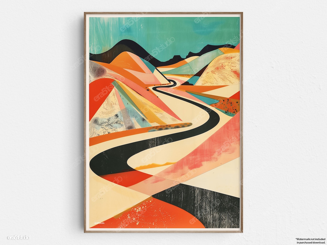 Serene Desert Road Mid-Century Modern Art Print