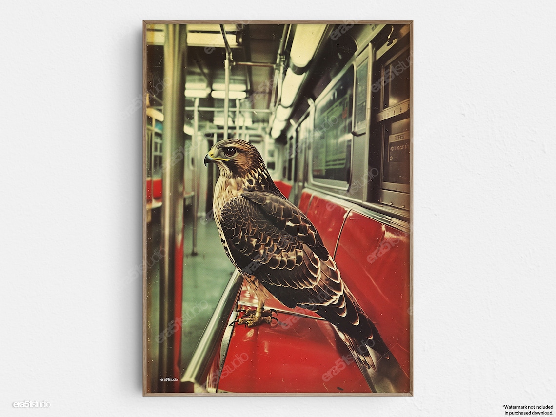 Hawk Perched on a Subway Seat Urban Surreal Vintage Wildlife Art Print