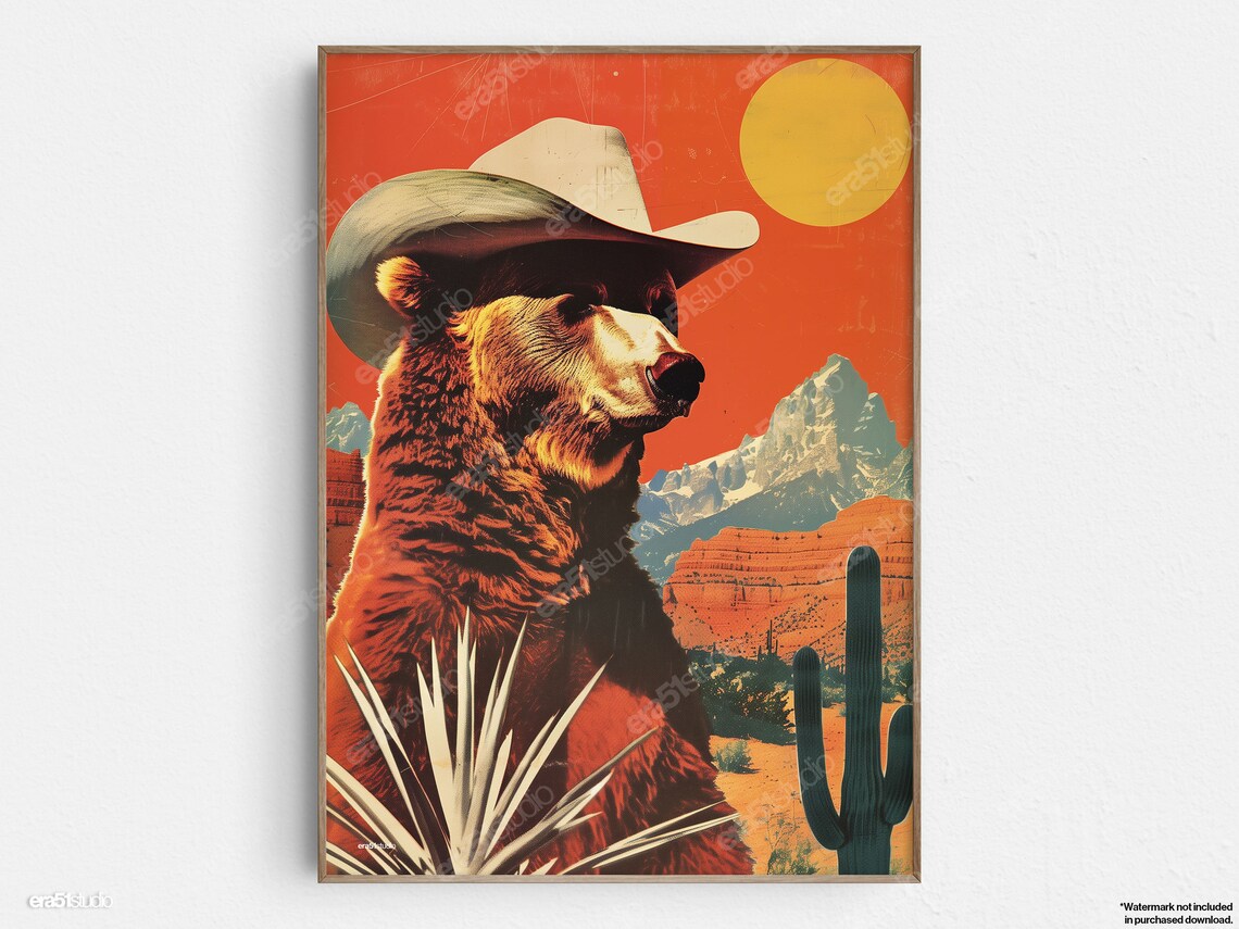 Western Wilderness Bear Cowboy Mid-Century Art Print