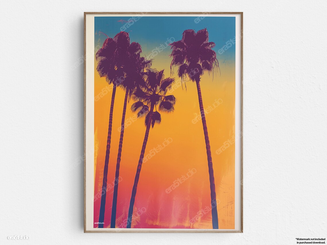 Sunset Palm Trees Silhouette, Mid-Century Minimalist Art Print