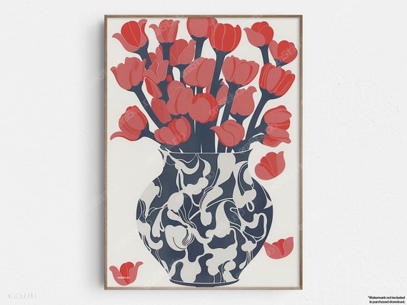 Tulips In Delft Vase Original Midcentury Modern Minimalist Wall Art