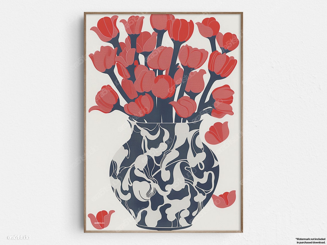 Red Tulips in Blue Delft Vase Bouquet Still Life Floral Art Poster