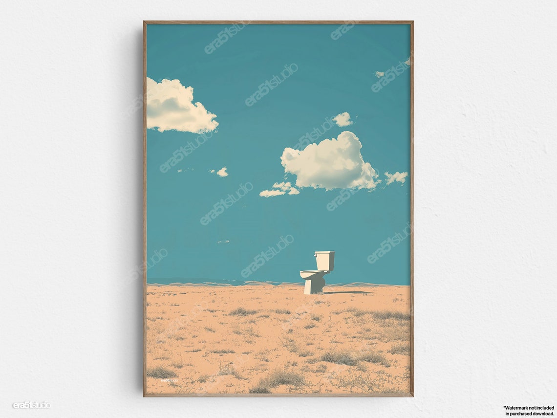 Surreal Desert Toilet Under Blue Sky Funny Bathroom Humor Art Poster