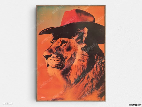 Lion With Cowboy Hat Original Midcentury Modern Minimalist Wall Art