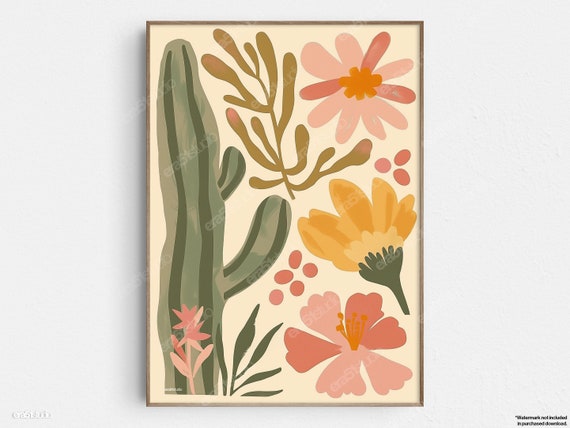 Flower And Cactus Art Original Midcentury Modern Minimalist Wall
