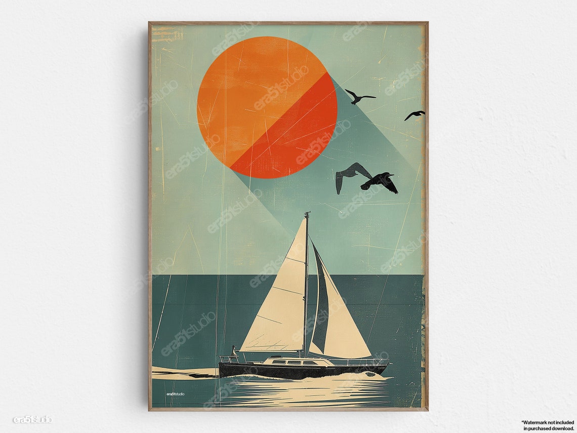 Harmonious Sailboat Ocean Journey Original Vintage Midcentury Modern Minimalist Wall Art