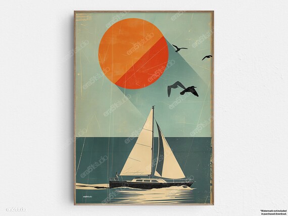 Harmonious Sailboat Orange Sun Seagulls Vintage Ocean Art Poster
