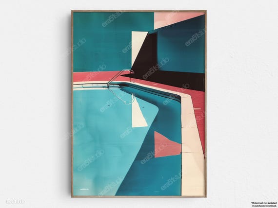 Vibrant Poolside Shadows Original Midcentury Modern Minimalist Wall Art