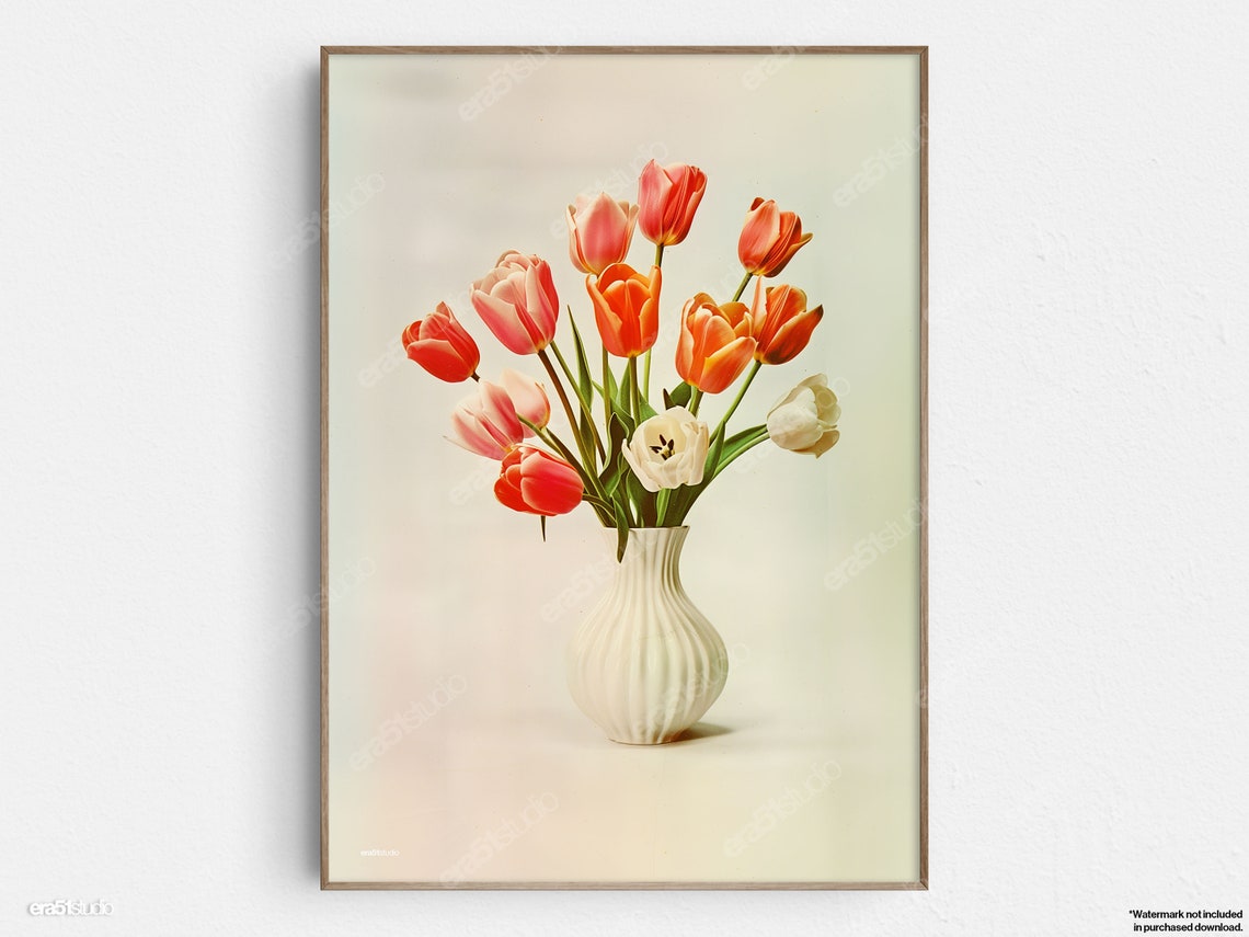 Coral Tulips in White Vase Soft Floral Still Life Wall Poster