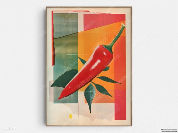 Retro Chili Pepper Collage Original Midcentury Modern Minimalist Wall Art