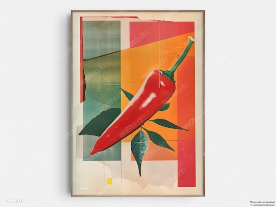 Retro Red Chili Pepper Collage Geometric Kitchen Spice Poster