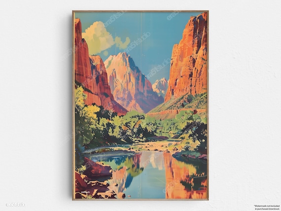 Zion Canyon Red Rocks Retro Midcentury National Park Travel Art Poster
