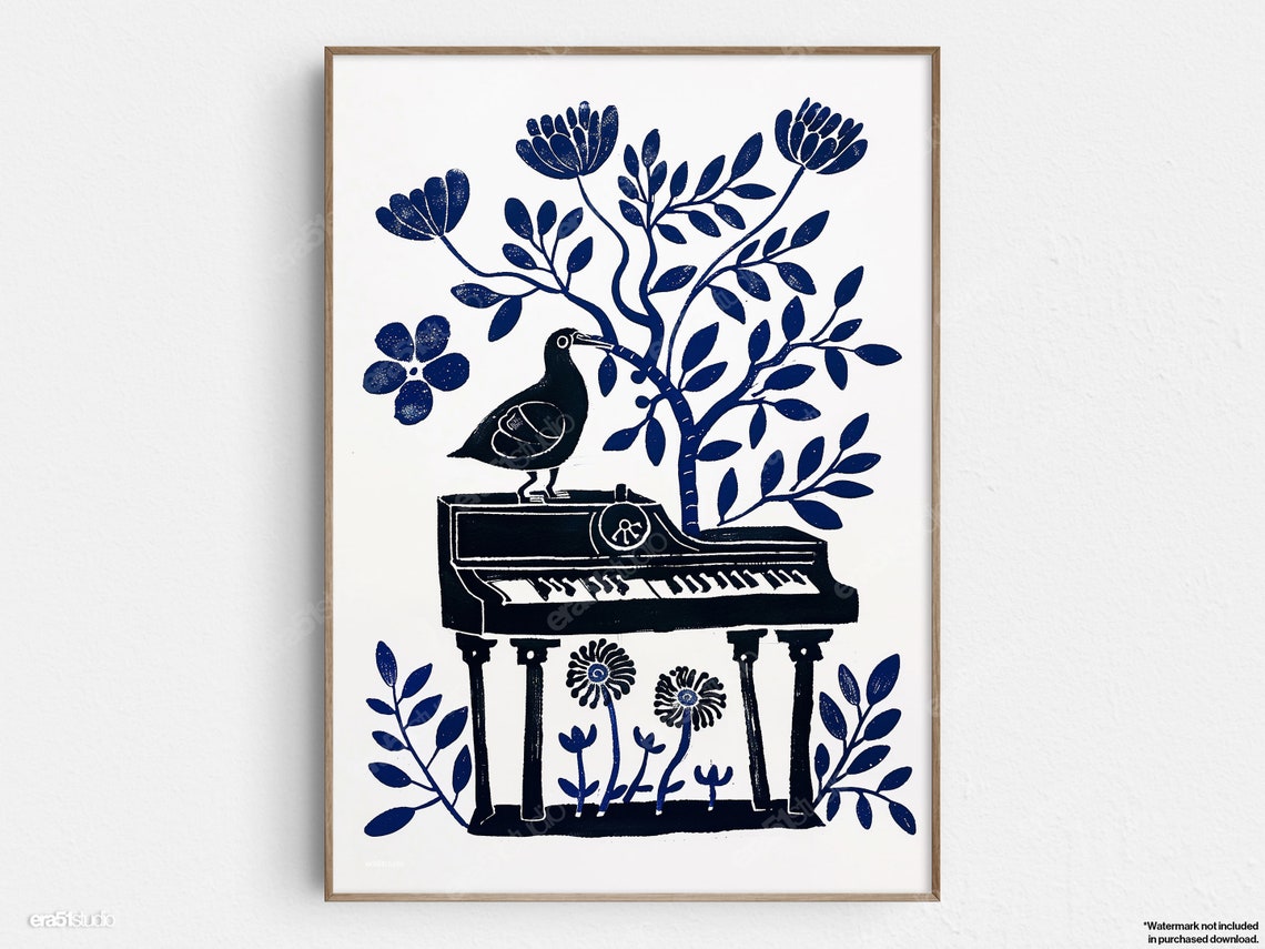 Bird Piano Block Print Original Midcentury Modern Minimalist Wall Art