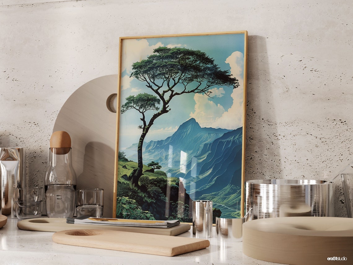 Vintage Hawaii Blue Mountain Valley with Lone Tree Travel Art Poster - Image 3