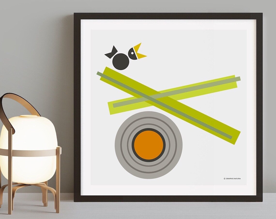 Geometric Bird on Green Bars With Orange Sun Circle Art Poster