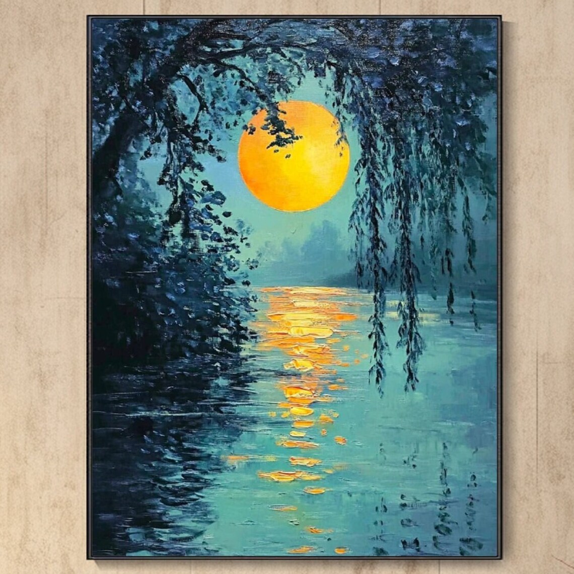 Moonlight Lakeside Reflection Nightscape Oil Painting Forest Moon Wall Art Tranquility Painting Original Landscape Artwork Wall Decor