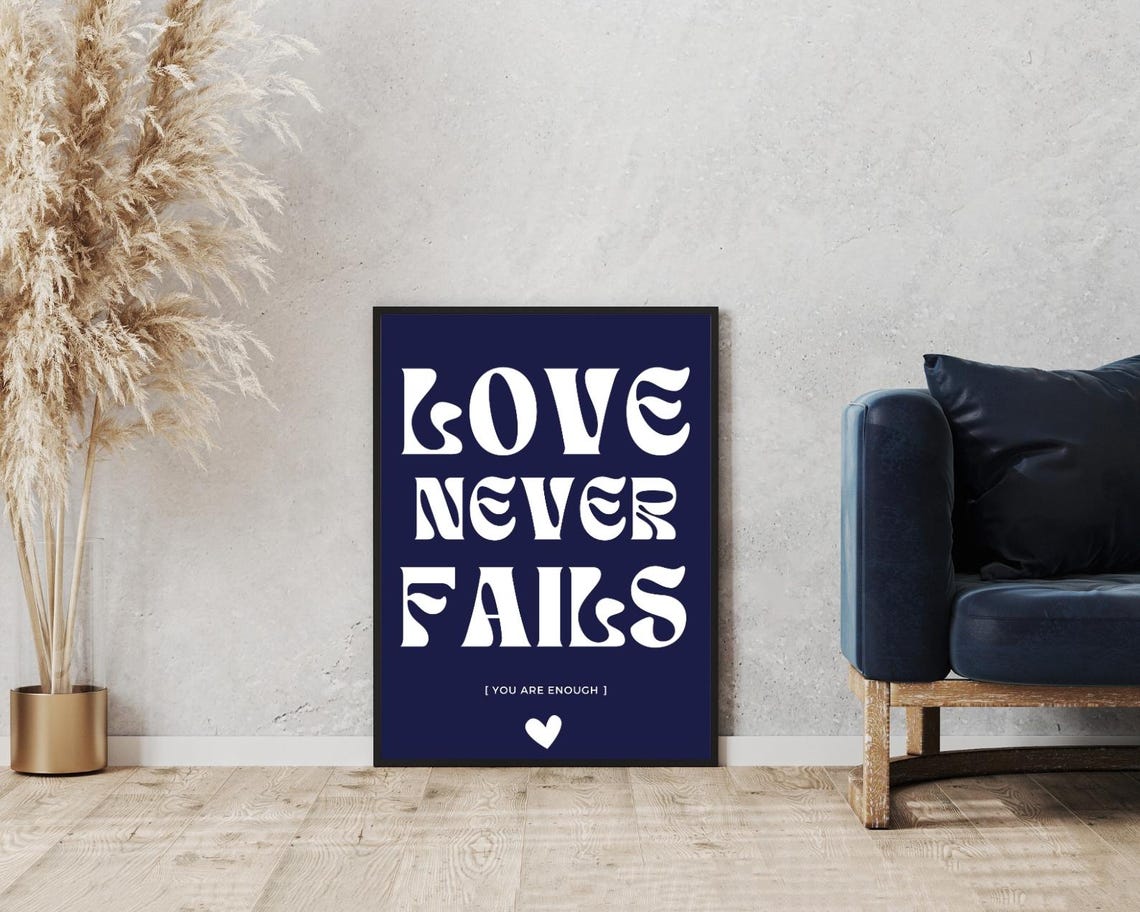 Love Never Fails Navy Blue White Retro Typography Heart Quote Poster - Image 5