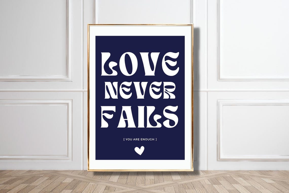 Love Never Fails Navy Blue White Retro Typography Heart Quote Poster