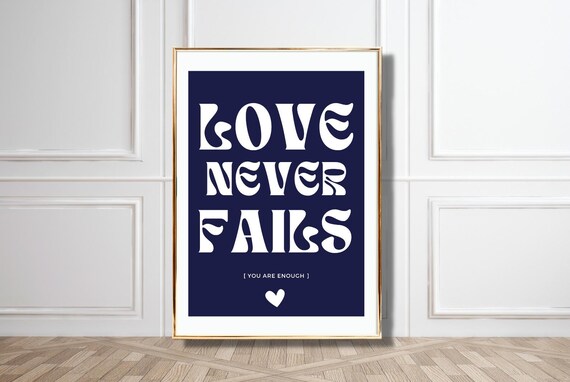 Love Never Fails Navy Blue White Retro Typography Heart Quote Poster