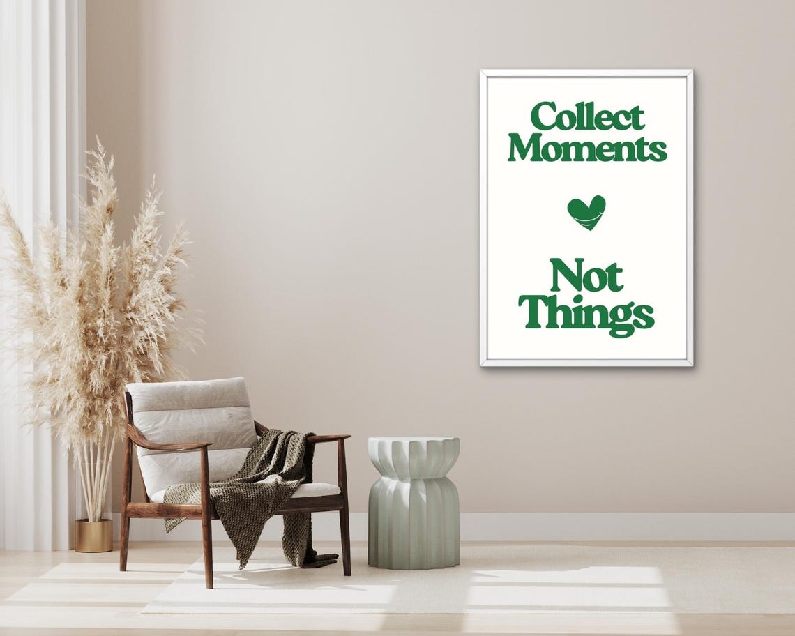 Collect Moments Not Things Green Retro Heart Positive Quote Poster - Image 3
