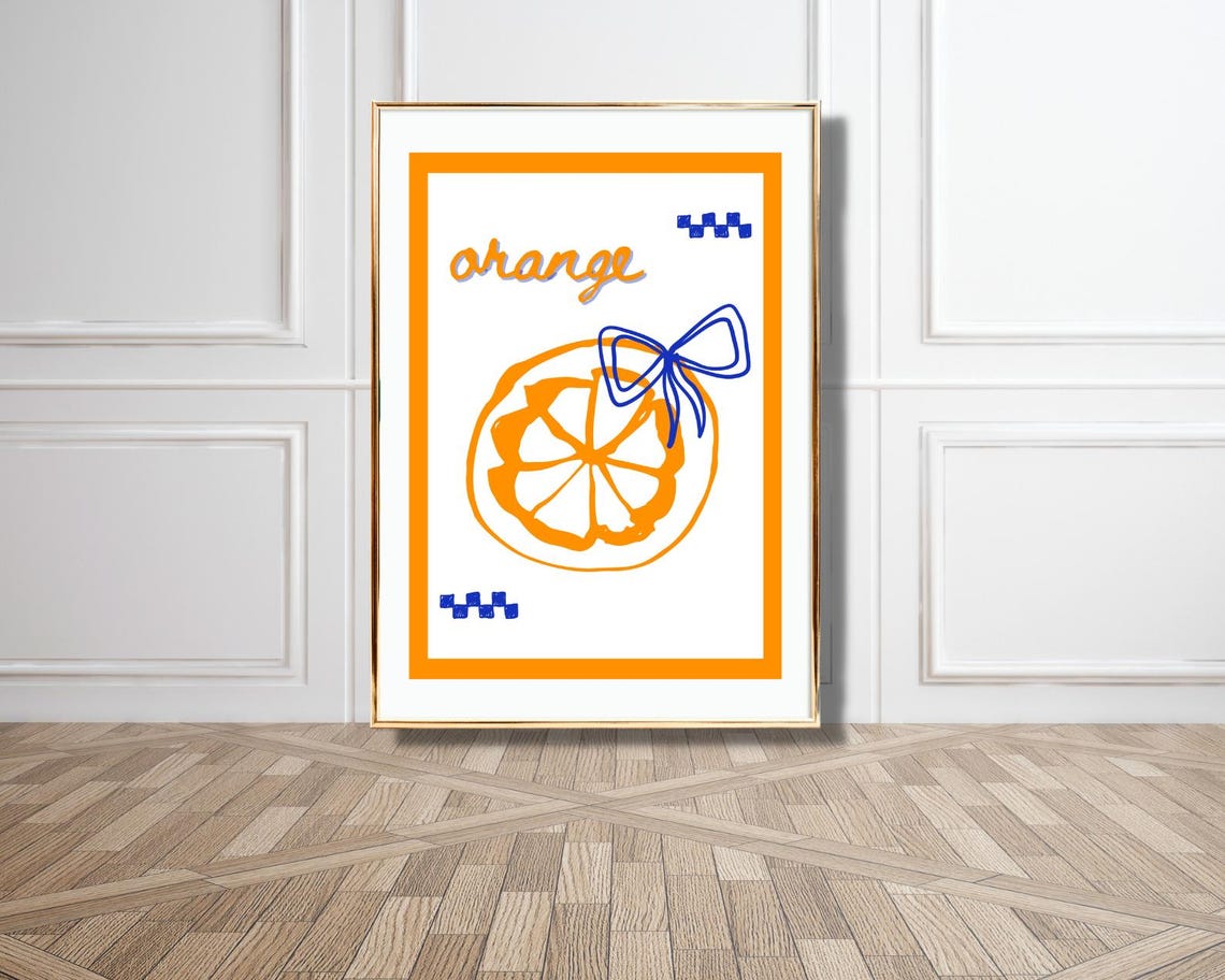 Orange Slice Blue Bow Retro Fruit Illustration Kitchen Decor Poster