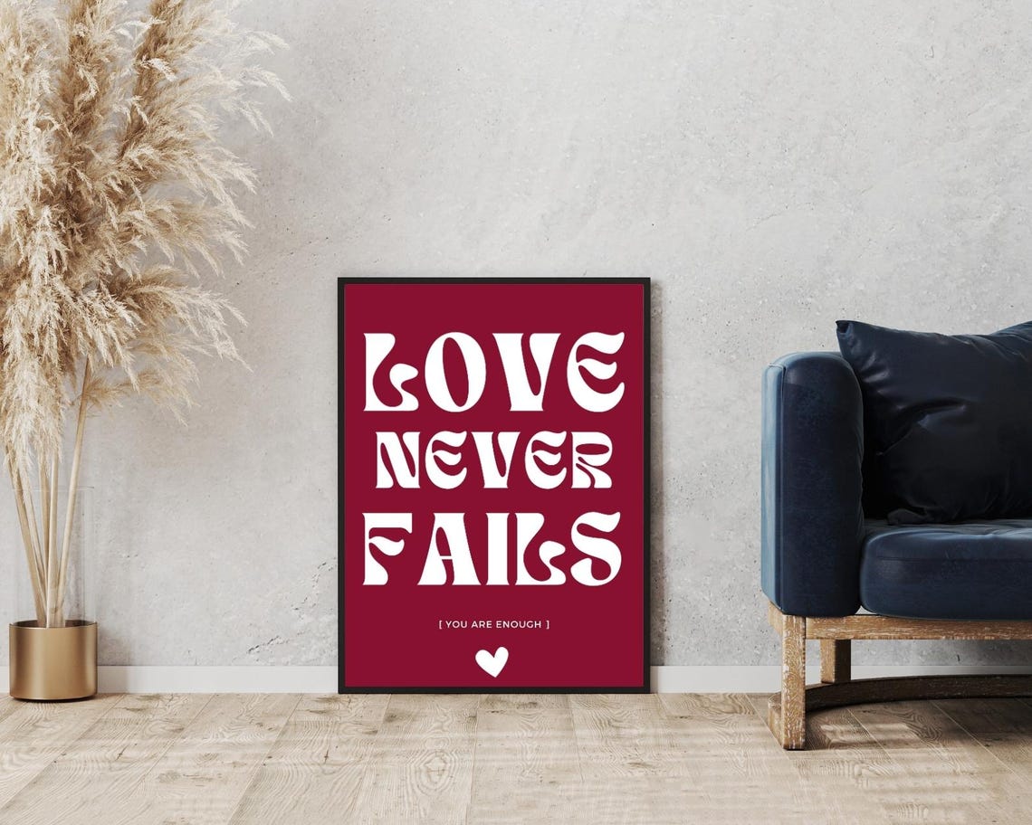 Love Never Fails Burgundy White Retro Typography Heart Quote Poster - Image 5