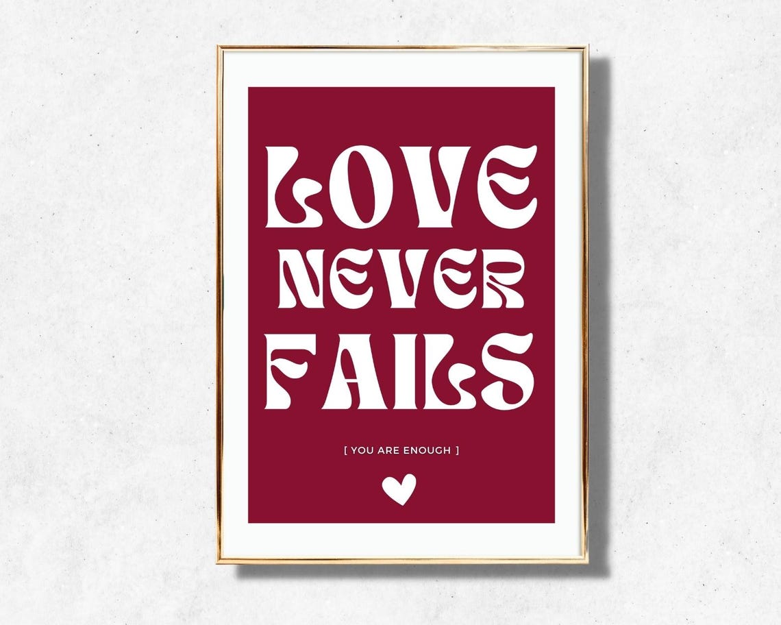 Love Never Fails Burgundy White Retro Typography Heart Quote Poster - Image 4
