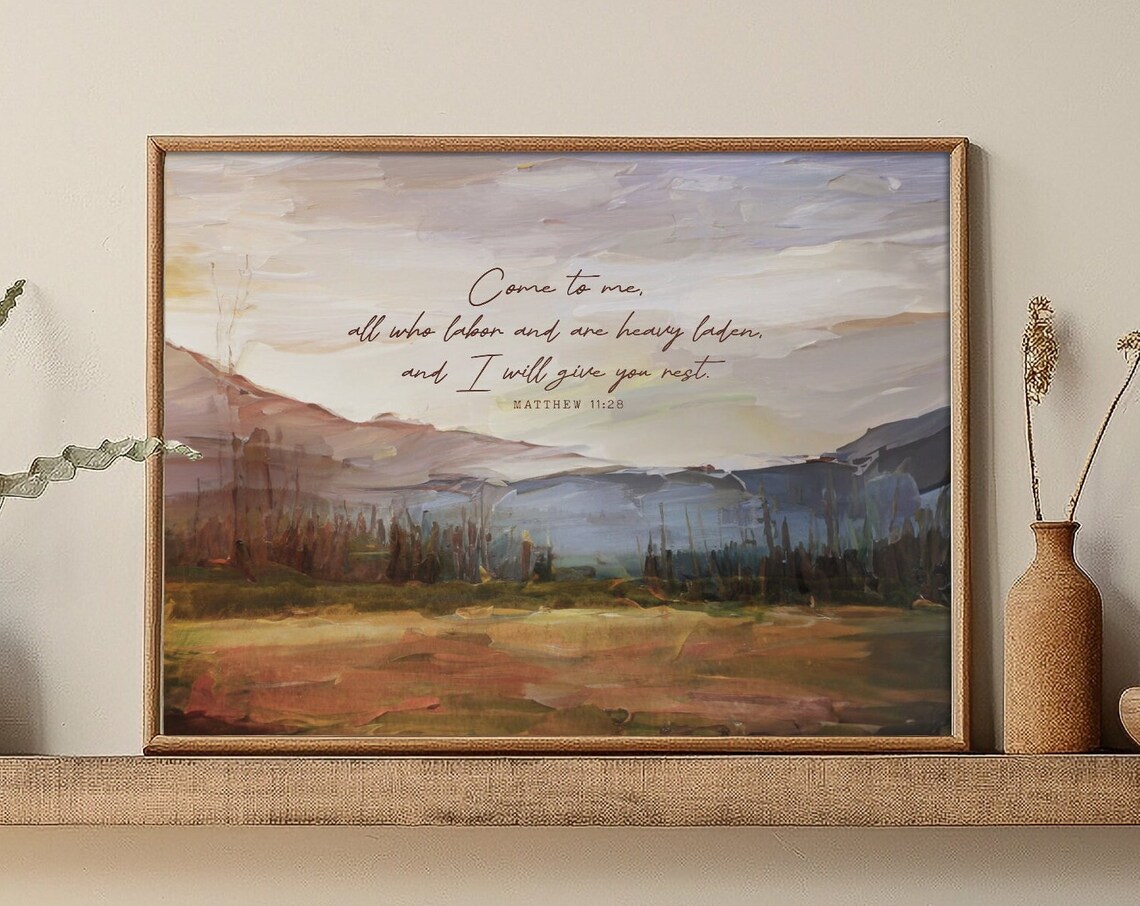 Matthew 11:28 Vintage Landscape Scripture Art Print