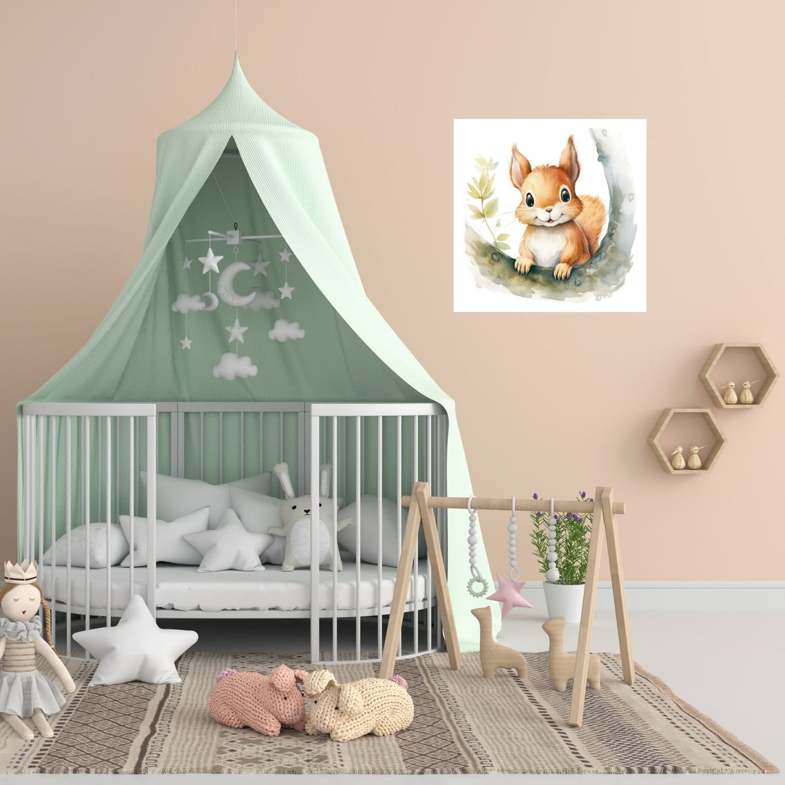 Adorable Red Squirrel Watercolor Curved Tree Branch Nursery Poster - Image 4