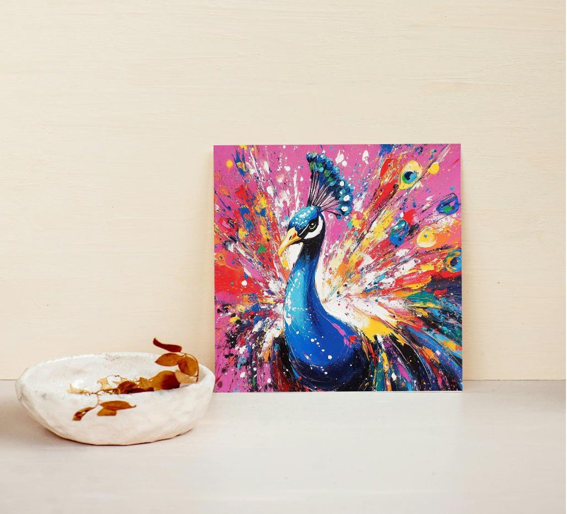 Colorful Peacock Abstract Splatter Pink Background Bird Poster