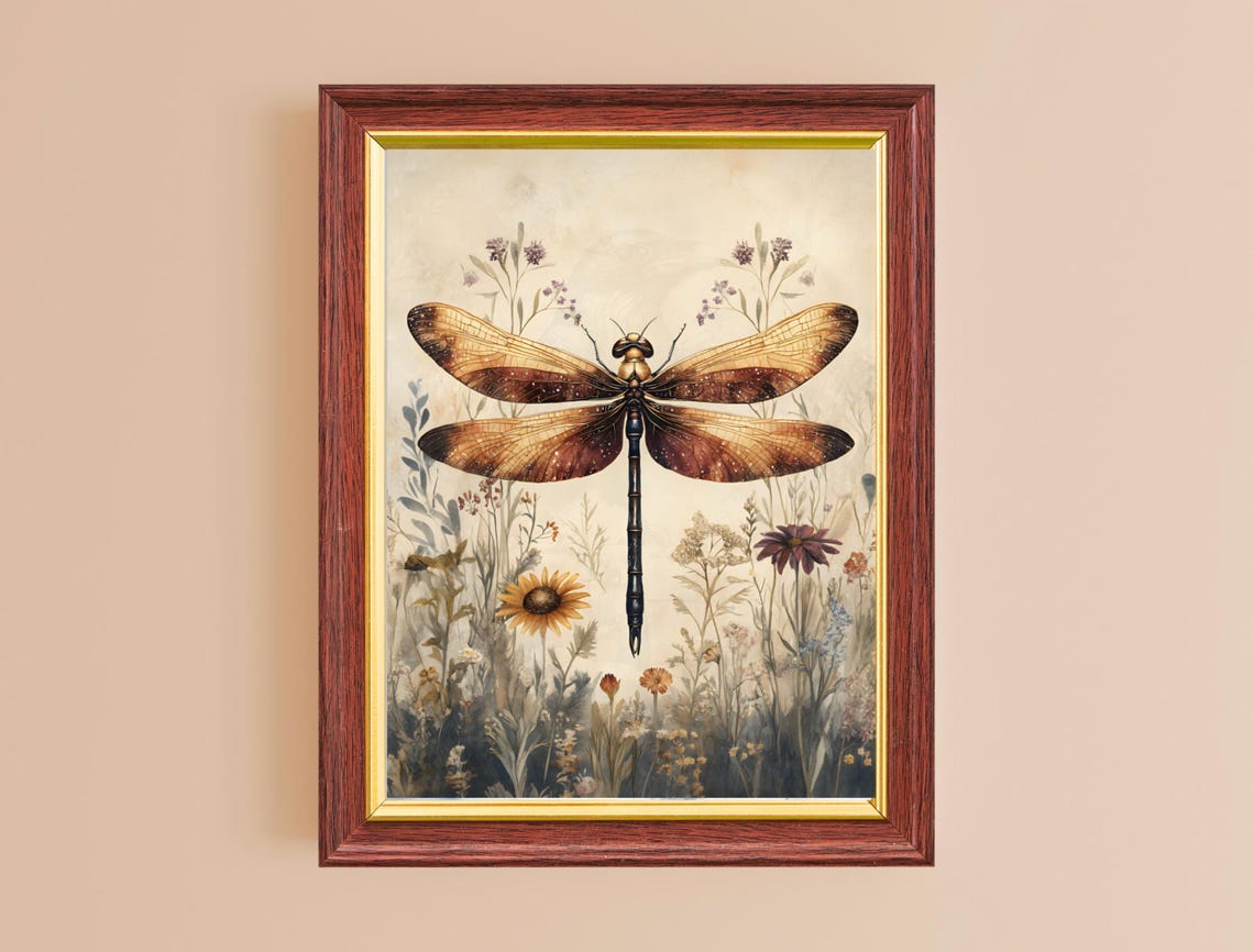 Copper Dragonfly Wildflower Meadow Vintage Botanical Wall Art Print - Image 2