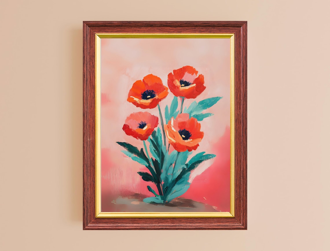 Red Poppies On Blush Pink Soft Painterly Floral Romantic Wall Art Poster - Image 4