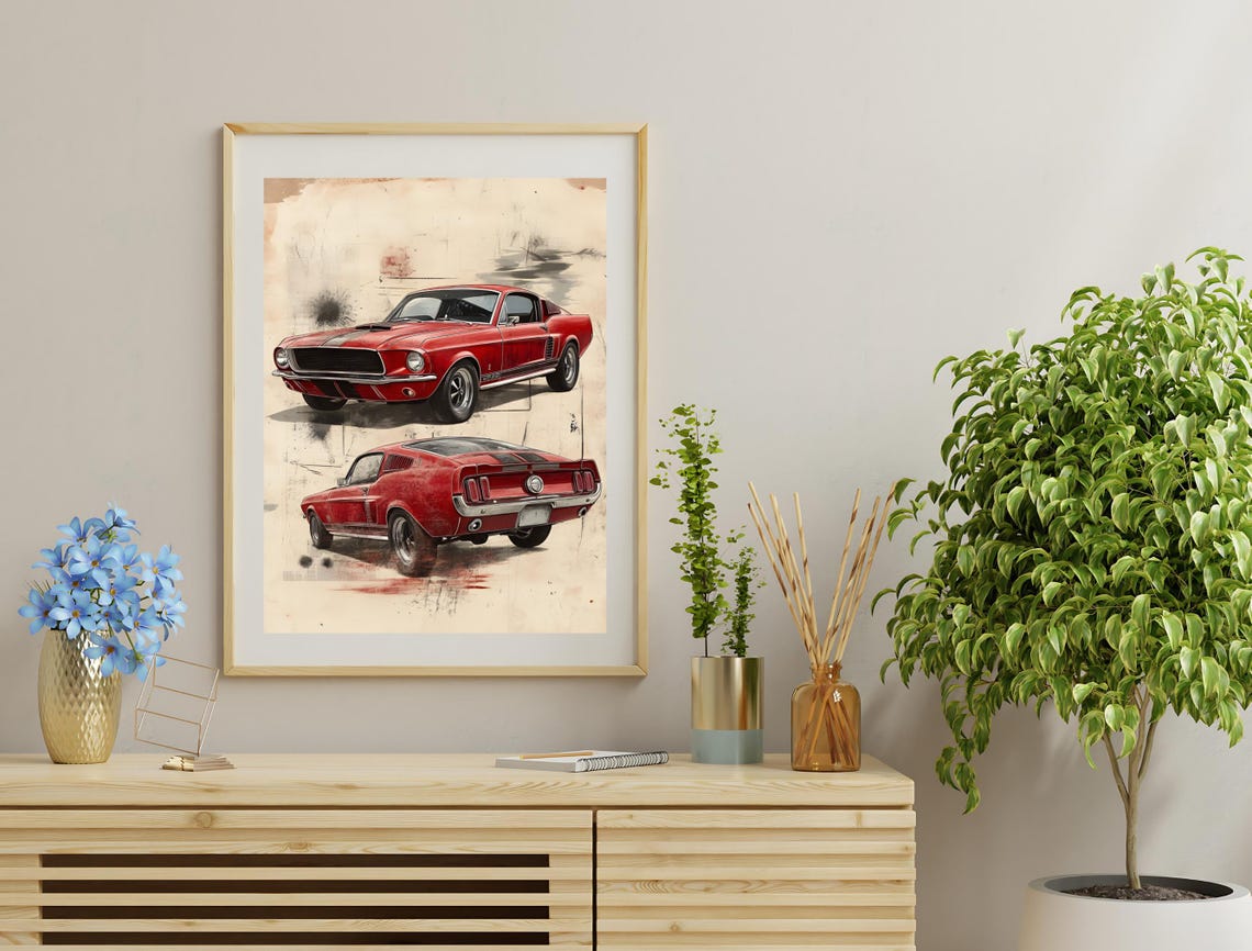 Red Ford Mustang Fastback Front Rear Vintage Sketch Car Wall Poster - Image 3
