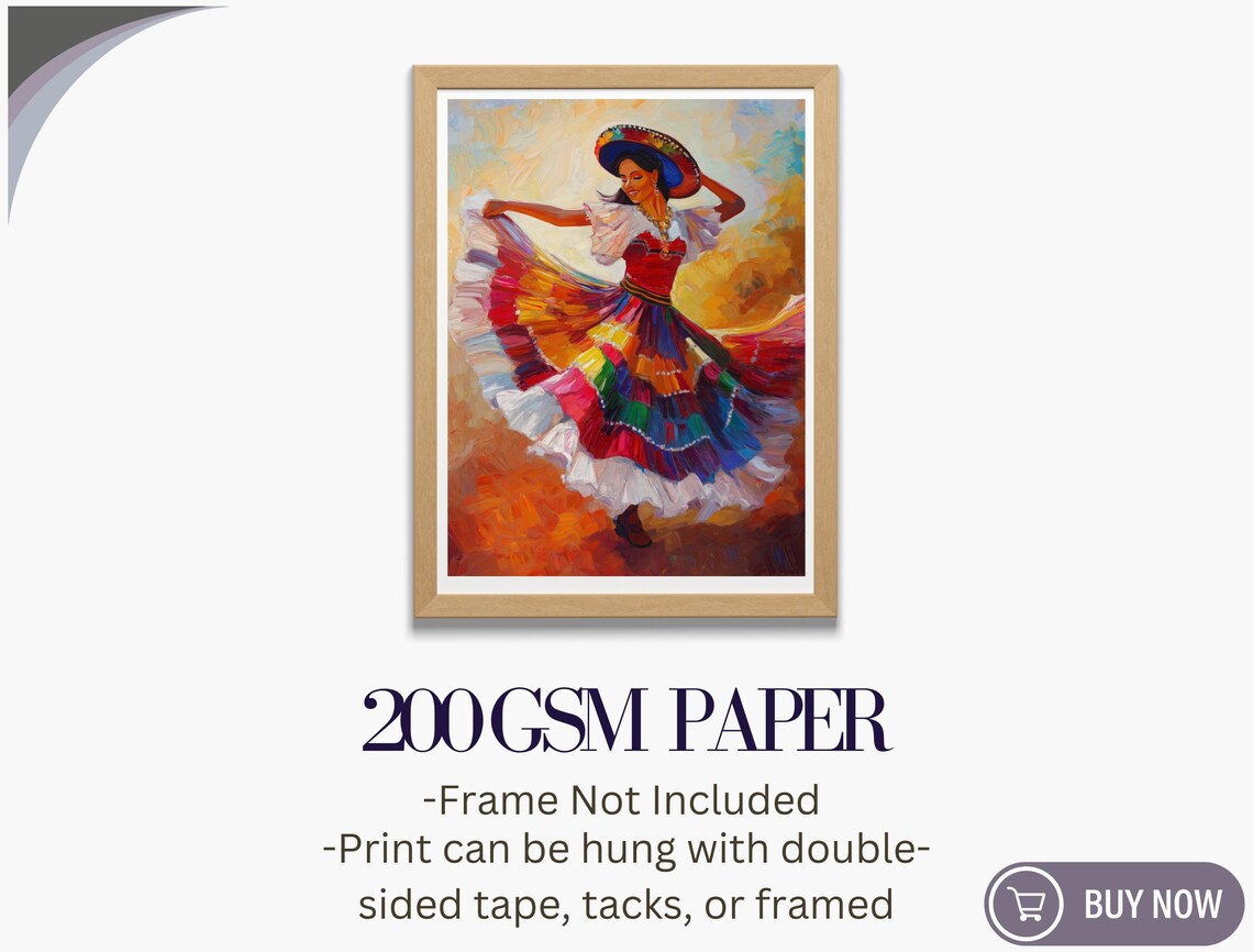 Colorful Mexican Folk Dancer Traditional Dress Sombrero Oil Painting Print - Image 5
