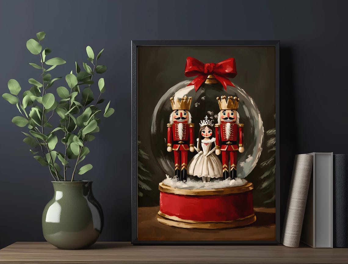 Nutcracker Snow Globe Ballerina Red Bow Vintage Christmas Art Poster - Image 6