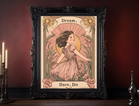 Dream Dare Do Storybook Girl Sunburst Blush Floral Art Poster