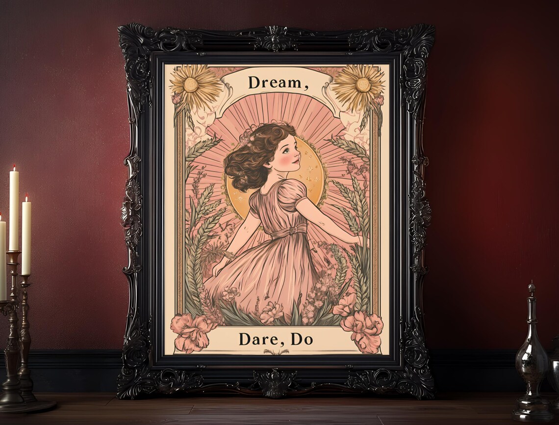Dream Dare Do Storybook Girl Sunburst Blush Floral Art Poster