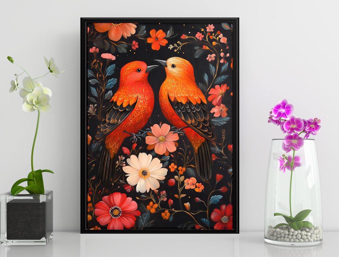 Orange Lovebirds Folk Floral Black Background Whimsical Art Poster - Image 3