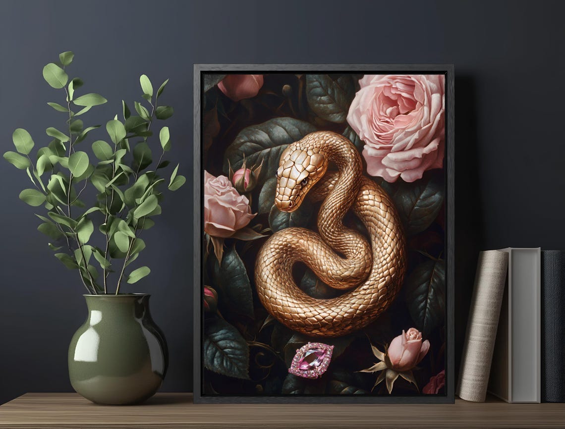 Golden Snake Pink Roses Moody Botanical Vintage Maximalist Art Poster - Image 5