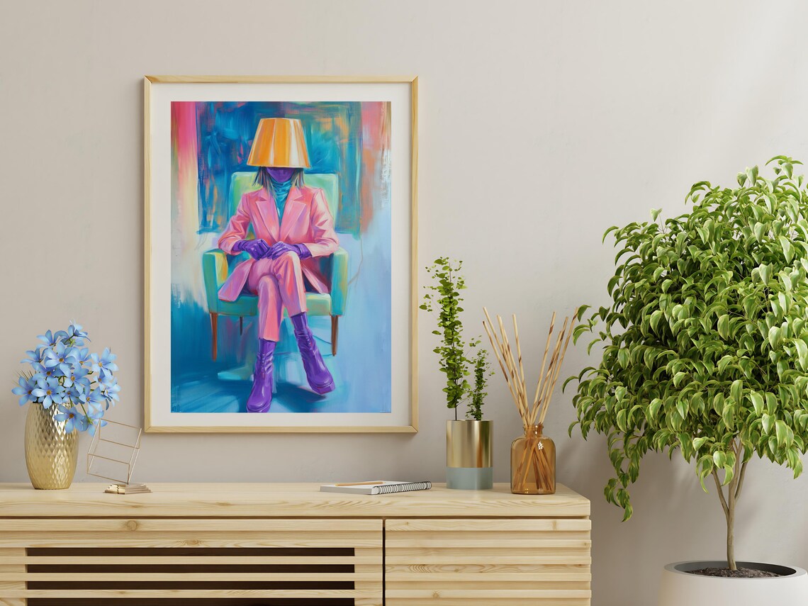 Surreal Woman Lampshade Head Pink Suit Vibrant Whimsical Wall Art - Image 3